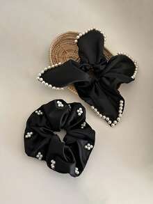 2件套法式珍珠缎面方巾发圈，优雅别致发饰，2025新款 - 黑與白 - 查看 3