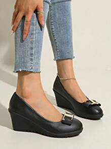 Floral Work Shoes, Lightweight And Non-Slip, Wedge Heel, Black Leather Slip-On Office Shoes For Women