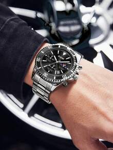 DOM 1pc Men's Fashion Casual Multi-Function Running Seconds Hand Calendar Moon Phase Luminous Waterproof Quartz Sports Watch, Comes With Gift Box, Suitable For Daily Wear And Decoration, Gift For Friends Or Father - Silver - View 6