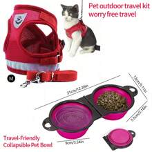 Pet Cat Dog Reflective Vest Harness & Leash Set, Includes Harness, Leash, Brush; Pet Outdoor Walking Harness & Foldable Food Bowl Set, Hassle-Free Travel