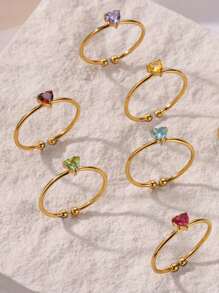 1 peça de anéis de pedra de nascimento de zircônia em formato de coração para mulheres, banhados a ouro 18K, aço inoxidável, 12 cores, anel de pedra de nascimento, joia estética para casamento e Natal, presente