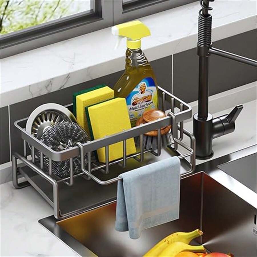 ViWaVee Kitchen Storage And Organization, Sink Organizer With Auto-Drainage Tray, For Sponge Holder, Towel Rack, Great Accessory For Your Space - Grey/Black - Grey - View 1