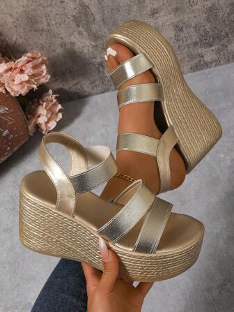 Sandalias de verano con cuña y suela gruesa, cómodas y casuales, con banda elástica para vacaciones para mujer