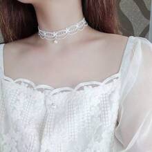 1pc Fashionable, Simplistic & Charming Lolita White Lace Hollow Pearl Pendant Choker Necklace, Suitable For Daily Wear