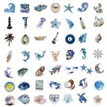 50pcs/Set Blue Ocean Doodle Stickers, Stationery Box Notebook Scrapbooking Stickers, Phone Case Luggage Guitar Decorative Stickers, Sports Water Bottle Decor Stickers,School Supplies,Back To School