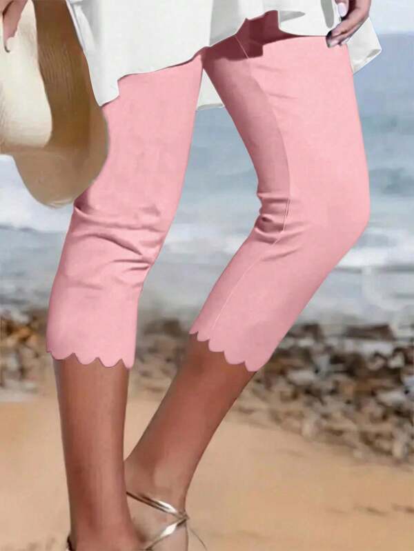 Plus Size Women Casual Elastic Capri Leggings, Solid Knit Polyester With Asymmetrical Hemline, Elastic Waist, Suitable For Spring, Summer, Basic Leggings For All Seasons
