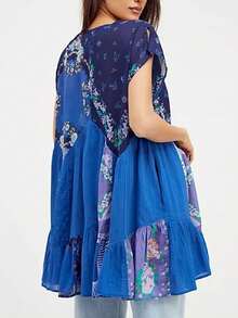 Women's Boho Mini Dress Y2k Floral Print Deep V-Neck Puff Sleeve Short Dress 2025 Summer Loose Beach Sundress - Blue - View 5