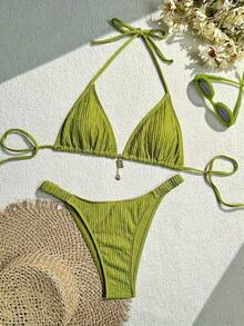 New Bestselling Fashion Special Fabric Bikini Set Sexy Swimwear 2Pcs, For Summer Beach Vacation - Green - View 1