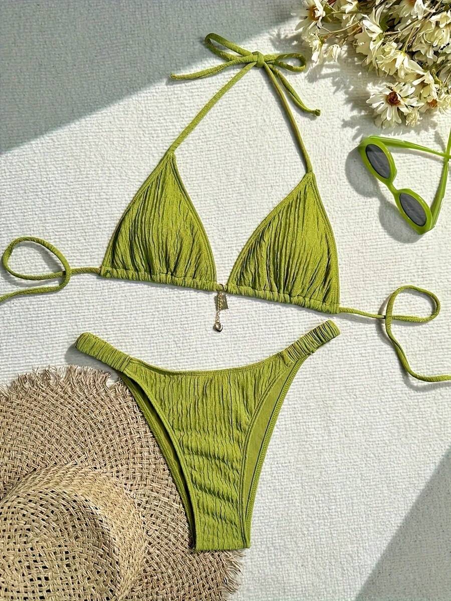 New Bestselling Fashion Special Fabric Bikini Set Sexy Swimwear 2Pcs, For Summer Beach Vacation - Green - View 1