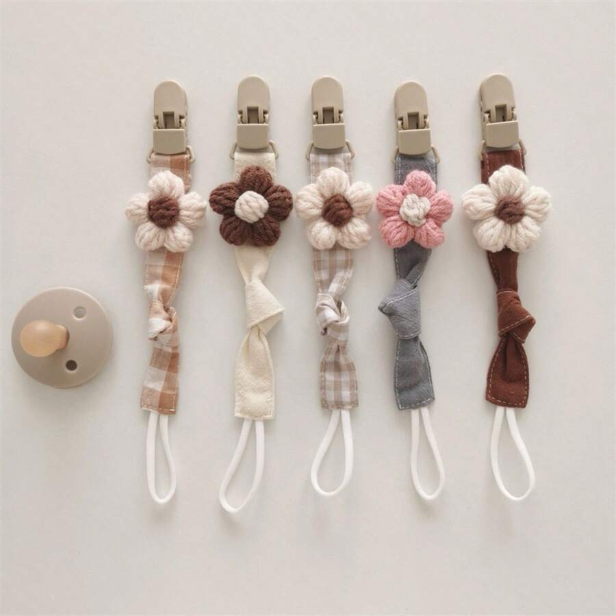 1个手工花卉图案布艺奶嘴夹，带塑料夹 - 米色 - 查看 1
