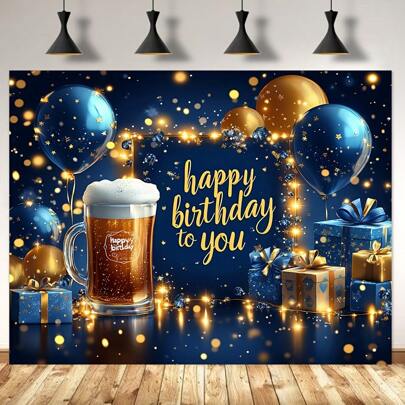 1pc Blue & Gold Happy Birthday Banner - Polyester Background With Beer Mug Design, Balloons, Gift Box And Confetti, Suitable For Party Decoration, Birthday Party Decor