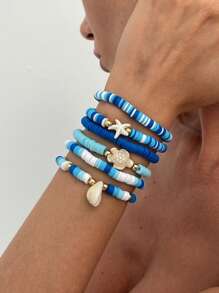 Conjunto de 6 peças/conjunto de pulseiras ajustáveis coloridas com contas, estilo oceano criativo, decoração de estrelas do mar e conchas, para mulheres que podem usar empilhadas