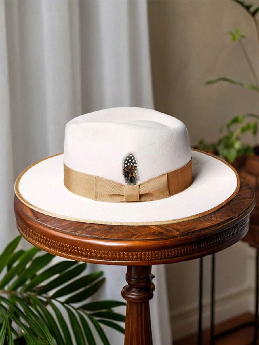 Travel Beach Sun Hat, Spring White Feather Felt Hat, Pure Wool Hat, Jazz Hat, White Contrasting Felt Hat, Large Head Felt Hat