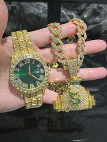 一套男士嘻哈镀金现金袋吊坠项链+绿色手表挂饰