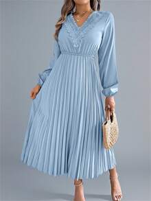 Autumn Elegant V-Neck Lace Trim Dress Wrap Waist Flowy Midi With Pleated Skirt  Long Sleeves Solid Color Light Blue Wedding Dress - 淺藍色 - 查看 5