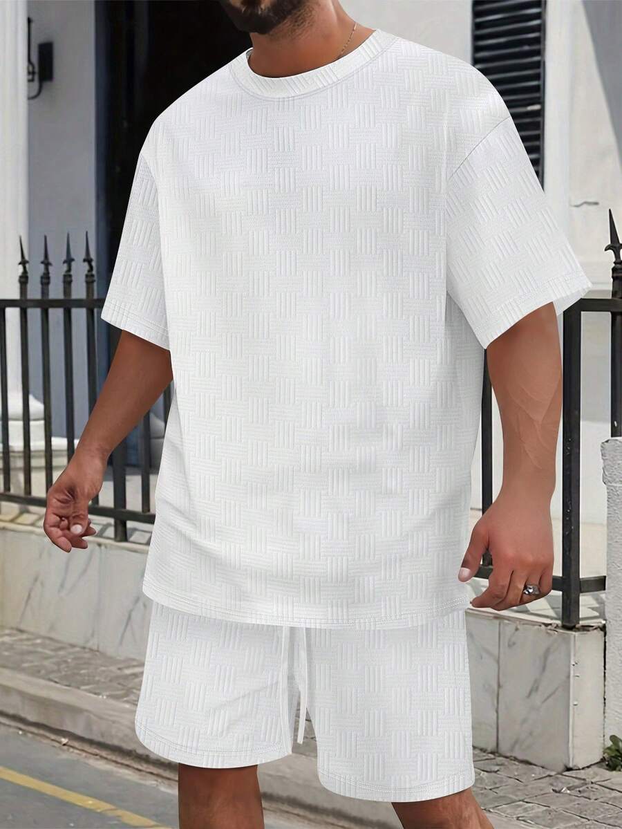 Men Casual Jacquard Crew Neck Short Sleeve T-Shirt + Shorts Set, Men Fashion Sports Short Sleeve & Shorts 2 Pieces Set - White - View 1