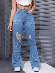 Women's High Waisted Elastic Perforated Patch Fabric Heart-Shaped Flared Jeans, Comfortable Fit, Suitable For Daily Wear - Màu xanh lam - Xem 4