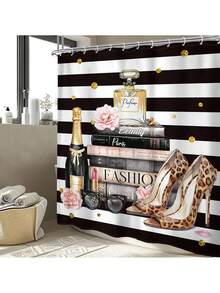 1/4 Pcs Book High Heel Floral Shower Curtain Set, Fashionable Pattern Decorative Shower Curtain, Washable Polyester Shower Curtain Set With 12 Hooks, Non-Slip Bathroom Rug, U-Shaped Toilet Lid, Polyester Shower Curtain Bathroom Decor