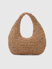 Khaki Color Handmade Shoulder Bag For Women, Summer Beach Hobo Raffia Woven Underarm Crescent Handbag With Scarf - Khaki - View 1