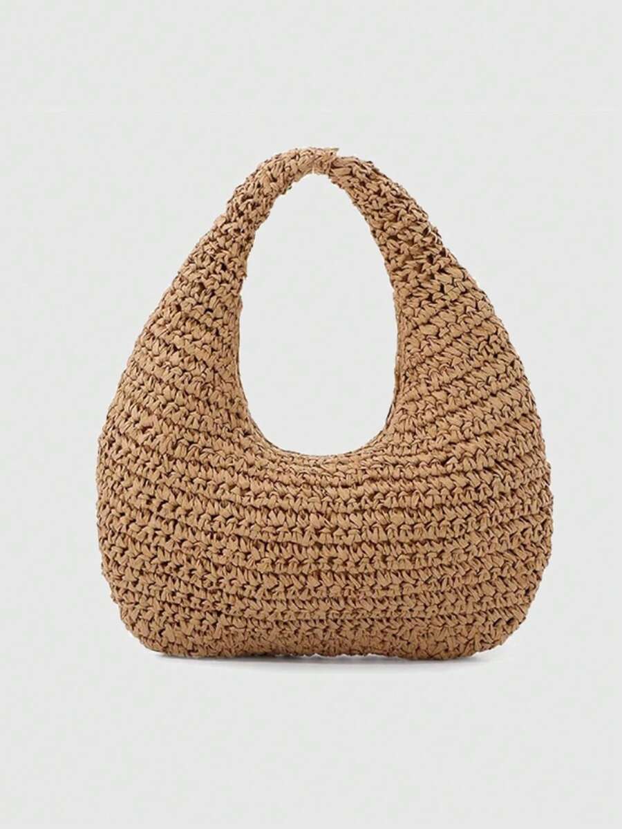 Khaki Color Handmade Shoulder Bag For Women, Summer Beach Hobo Raffia Woven Underarm Crescent Handbag With Scarf - Khaki - View 1