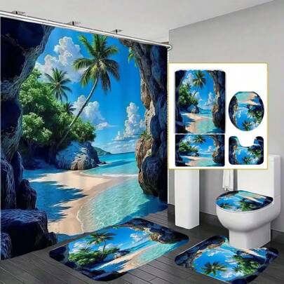 1 Set Tropical Beach Decor Bathroom Accessories, Includes 1/4 Polyester Shower Curtain With 12 Hooks, Waterproof Knitted Mat, Toilet Seat Cover, And U-Shaped Rug - Cartoon Landscape Bathroom Decor | Tropical Theme | Shower Curtain Fall Decor Back To School