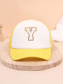 1PC Yellow Mesh Boys And Girls 26 Letter Trucker Hat For Outdoor Fun And Play Sun Protection For Boys And Girls Back To School Daily Wear, Holiday Gift - Yellow - View 65