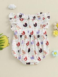Baby Girl Chick Romper Smocked Round Neck Flying Sleeve Ruffle Bodysuit Cute Summer Clothes - White - View 7