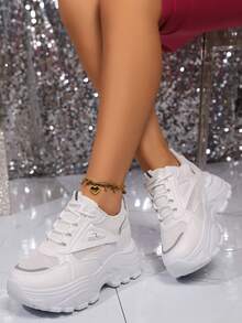 Women's Chunky Sneakers, Spring Autumn New Internal Increase Shoes, Thick Sole Waterproof White Shoes, Slimming Sporty Casual Shoes - White - View 3
