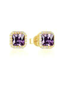 1 Pair 925 Sterling Silver Purple Amethyst Cubic Zirconia Square Stud Earrings For Women, Fine Jewelry Wedding Bridal Party Accessories, Holiday Gift