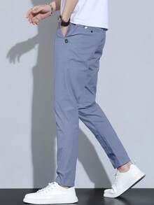 男士纯色休闲裤，简约风格，适合夏季、秋季 - 霧霾藍 - 查看 3