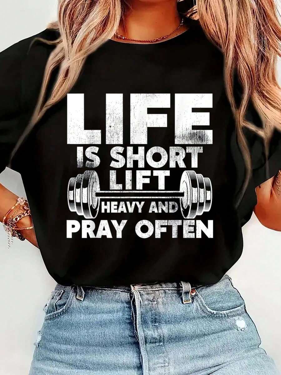 Lift Heavy And Pray Often Jesus Christian Workout Fitness T-Shirt Print T-Shirt Casual Crew Neck Short Sleeve Comfort Tee Top For Spring & Summer Women's Clothing - Black - View 1