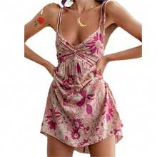 Women's Summer Sleeveless Mini Dress Spaghetti Strap Floral Pattern V-Neck Backless Mini Short Dress - Nhiều màu - Xem 2