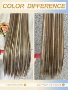 1-Piece 6 Pieces Clip Style Hair Extension With 16 Clips To Synthesize A 24 Inch Extended Straight Hair Extension (Gray Brown And Gold Highlights), Suitable For Women's Daily Use