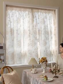 1 Stück Klettverschluss Vorhang für Wohnzimmer Schlafzimmer, bohren nicht erforderlich, blumenmuster durchscheinend, staubdicht und wärmeisolierend - Beige - Übersicht 5