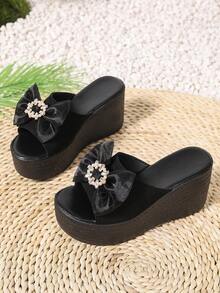 女士黑色蝴蝶水钻装饰带露趾拖鞋，居家、街头、派对、休闲穿着舒适，百搭