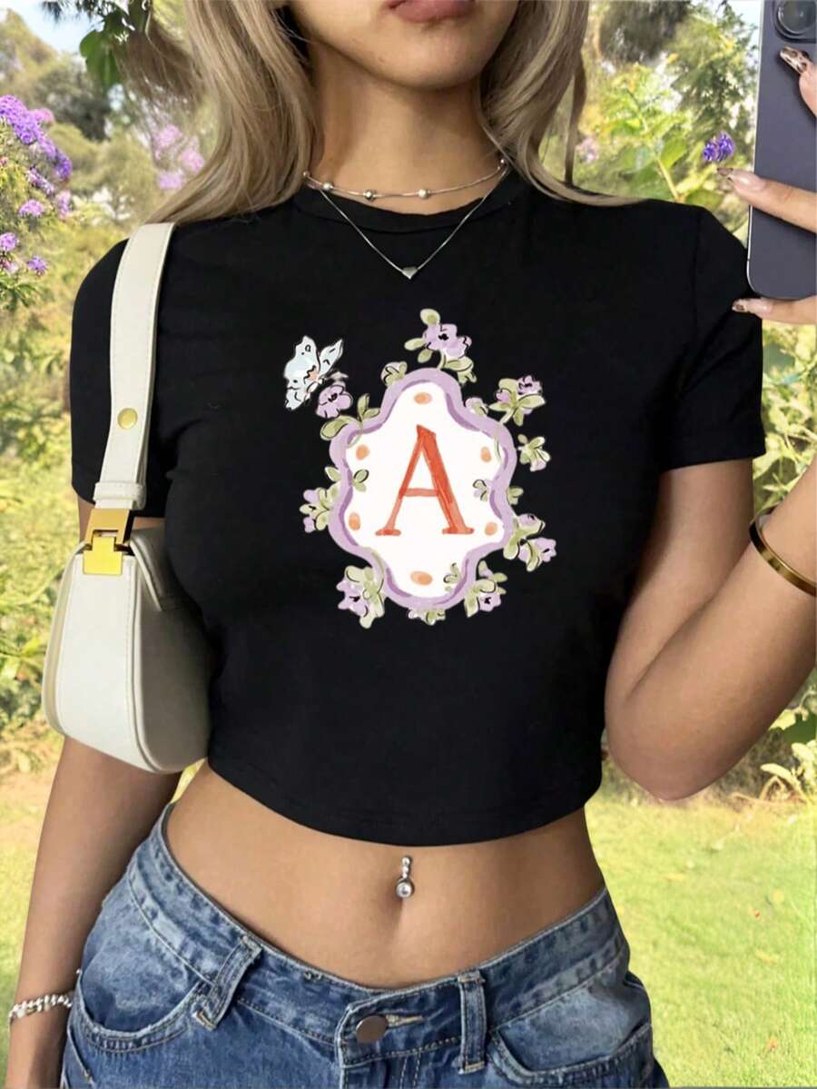 Women's Crew Neck Short Sleeve Cropped Tight Fitting Top - Black - View 1