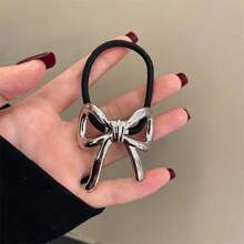 1pc Elegant Metal Bow Elastic Hair Band, Durable High Elasticity Hair Tie For Ponytail, Everyday Wear,Hair Accessories,Hair Elastics,Hair Ties,Hair Rope