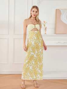 Y2k Floral Cut Out Strapless Maxi Dress For Women 2025 Summer Backless Bodycon Satin Tube Dress Off Shoulder Formal Cocktail Beach Long Sundress - Màu vàng - Xem 6