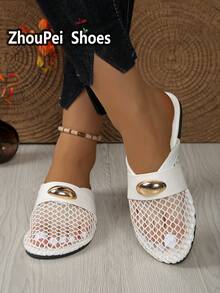 女士渔网镂空平底一脚蹬鞋，舒适亚麻休闲穆勒凉鞋 - 白色 - 查看 5