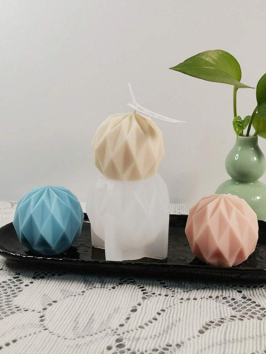 1pc Grid Ball Shape Silicone Candle Mold, Grid Geometric Line Home Decor Candle Mold - White - View 1