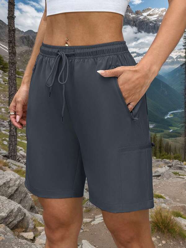 Women's Grey Loose Woven Outdoor Shorts With Pockets, High Waisted With Adjustable Elastic Waistband