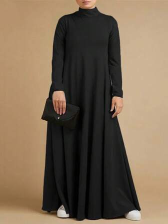 Women's Long Sleeve High Neck Solid Color Casual Swing Dress T-Shirt Dress (With Pockets)