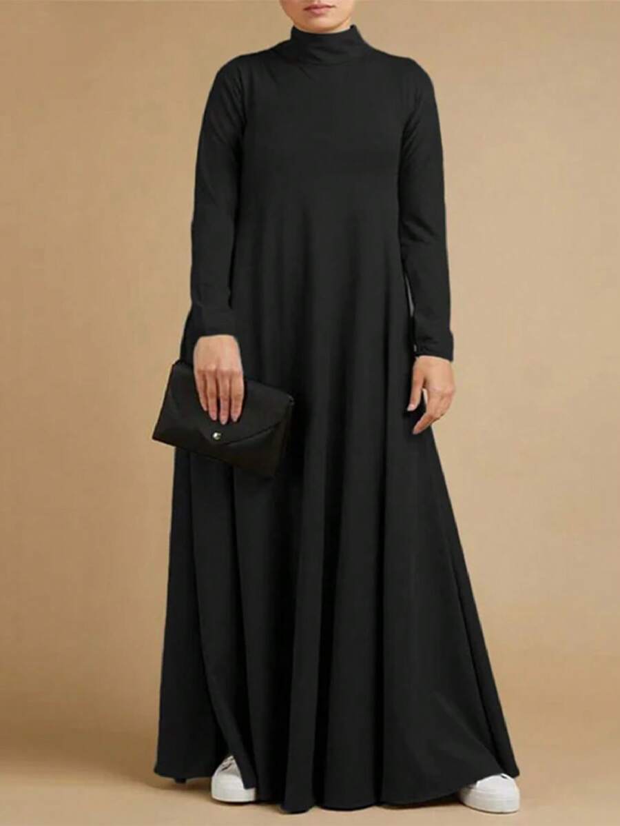 Women's Long-Sleeved Turtleneck Dress Solid Color Casual Swing Dress T-Shirt Dress (With Pockets)