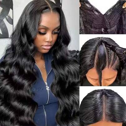 ZHENDEFA 150% Density Brazilian Virgin Hair V-Part Wig, Upgraded U-Part Wig, Water Wave, Suitable For Beginners, No Sewing, No Glue Required, Natural Black Color