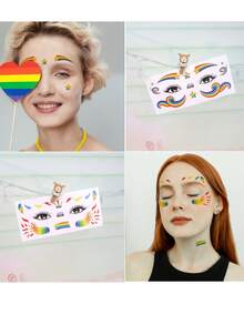 6pcs Glitter Rainbow Festival Face Decals, Waterproof Holographic Stickers With Designs Like Rainbow Feathers, Butterflies, Hearts, Flowers, Music Notes, Suitable For Pride, Y2K, Music Festival, Party, Dance Make-Up Decoration - Multicolor - View 2