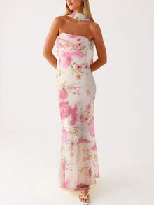 Womens Floral Strapless Dress Y2k Backless Sleeveless Tube Maxi Long Dresses Sexy Mesh Bodycon Summer Beachwear - 淺粉色 - 查看 3