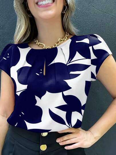 Blusa de mujer de manga corta con estampado aleatorio - Cuello redondo casual, corte holgado, blusa de poliéster para todas las estaciones