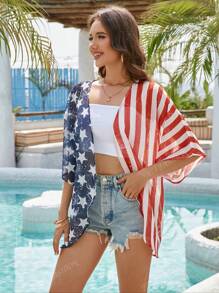 Women's USA Flag Print Beachwear Kimono Cover Up, 4th Of July
