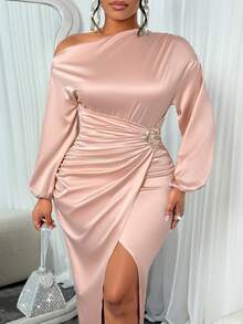 Plus Size Women's Elegant High Stretch Satin Solid Color Asymmetric Ruffle Collar Maxi Dress, Long Sleeve, Metal Button Detail, High Slit Design, Suitable For Party, Anniversary, Valentine's Date, Birthday Party And Other Occasions Pink Spring - Pink - View 3