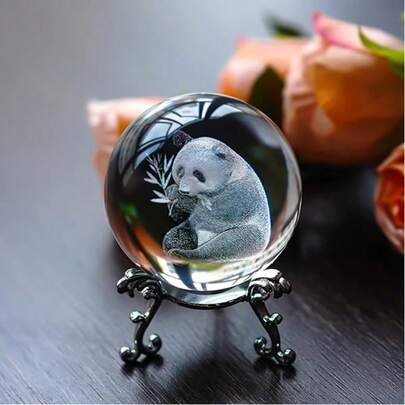 1pc 60mm Glass Laser Engraved Panda Ball With Stand, Crystal Cute Panda Collectible Figurine, Tabletop Centerpiece Decor, Paperweight, Home Panda Gift